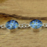 Sterling silver link bracelet with real Forget-me-not Flowers